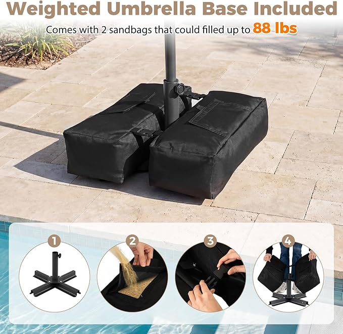 Tangkula 10 FT Patio Umbrella with Base Included, 2-Tiers Outdoor Scalloped Table Umbrella with 2 Sandbags, Tilt Adjustment, Crank, 8 Ribs for Market Backyard Pool Deck Beach Lawn