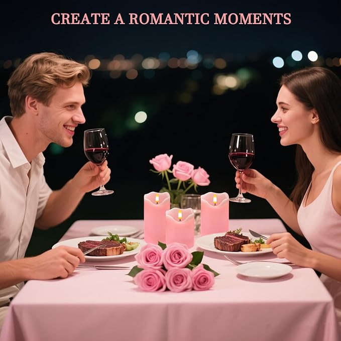 VEEKI Flameless Candles Light, Set of 3 Flickering LED Candle with Remote & Timer, Dimmable Electric Pillar Candles Battery Operated, Pink Candles for Valentine's Day Xmas Home Decor (3PC)