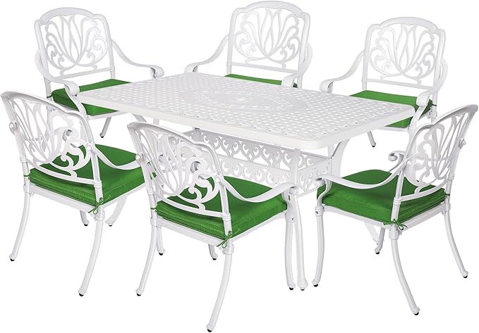 VIVIJASON 7-Piece Patio Furniture Dining Set, All-Weather Cast Aluminum Outdoor Conversation Set, Include 6 Cushioned Chairs and a Rectangle Table with Umbrella Hole for Lawn Garden Backyard, White