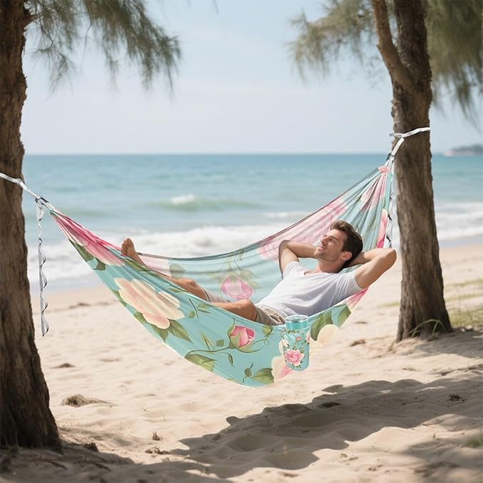 Spring Peach Fresh Flowers Blue 330lb Capacity Outdoor Hammock with Hanging Rope Portable Hammock for Patio Backyard Lounge Base Silla hamacas para adultos