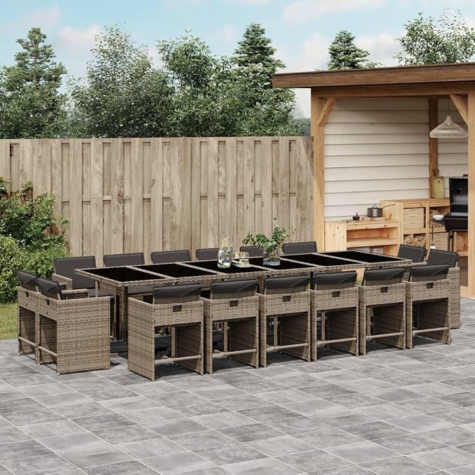 17-Piece Outdoor Patio Dining Set, PE Rattan Garden Table and 16 Foldable Chairs with Padded Cushions, Grey Weather-Resistant Furniture for Backyard and Deck