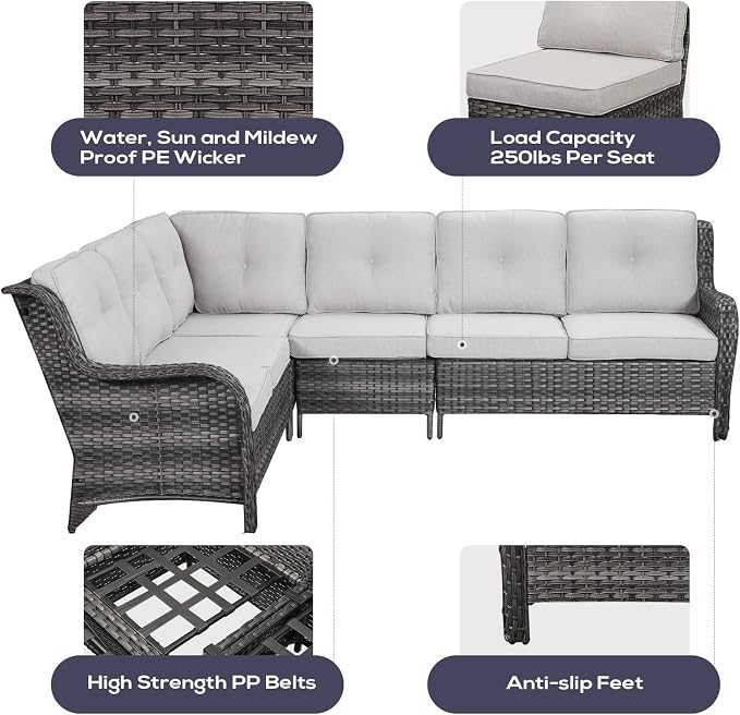 Belord Patio Furniture Set 6 Seats, Outdoor Swivel Rocker Patio Chairs, Oversized Outdoor Sectional Couch, Two 3-Seater Sofas with Coffee Table, Ideal for Porch, Deck, Mixed Grey Wicker/Beige