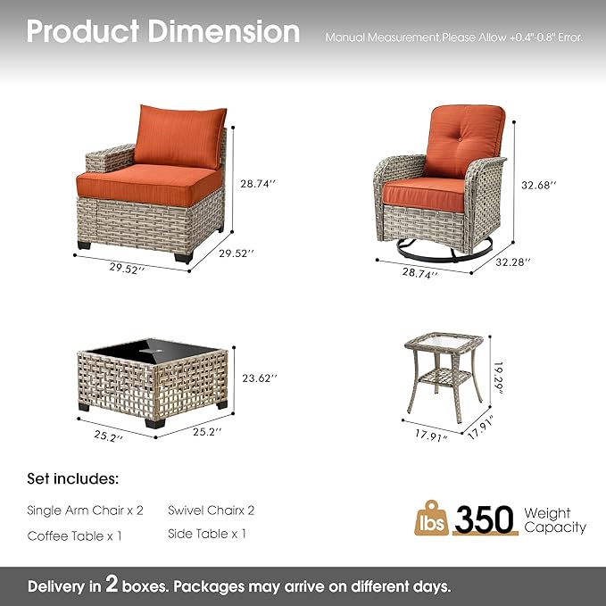 Rattan Patio Furniture Set with Swivel Chairs,6 Pieces Outdoor Sectional with Glowing Coffee Table,Out Door Furniture Conversation Set,Orange Red
