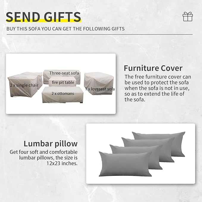 7 Piece Wicker Patio Furniture Sets Outdoor Conversation Set, PE Rattan Sectional Sofa Couch with Fire Pit Table and Non-Slip Grey Cushions, Furniture Covers Included