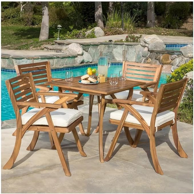 Merax 5 Piece Outdoor Dining Set for 4, Hermosa Acacia Wood Teak Finish Square Table and 4 Chairs with Beige Cushion