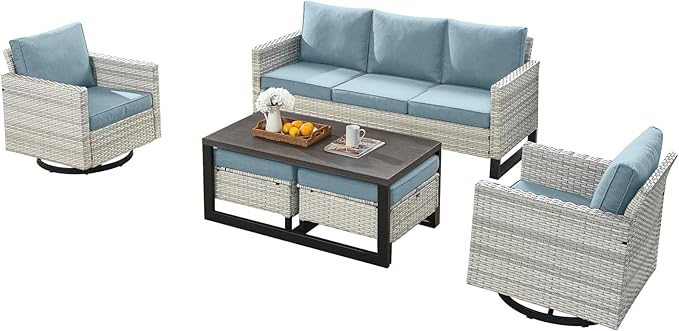 Wicker Outdoor Patio Furniture Set - 6 Piece Patio Conversation Set with 2 Swivel Rocker Chairs,2 Rattan Ottoman,1 Couch and 1 Metal Coffee Table for Outside Porch Deck Backyard(Light Grey/Sky Blue)