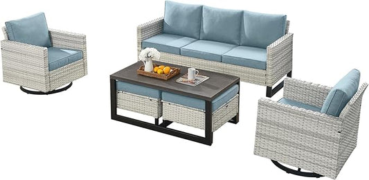Wicker Outdoor Patio Furniture Set - 6 Piece Patio Conversation Set with 2 Swivel Rocker Chairs,2 Rattan Ottoman,1 Couch and 1 Metal Coffee Table for Outside Porch Deck Backyard(Light Grey/Sky Blue)