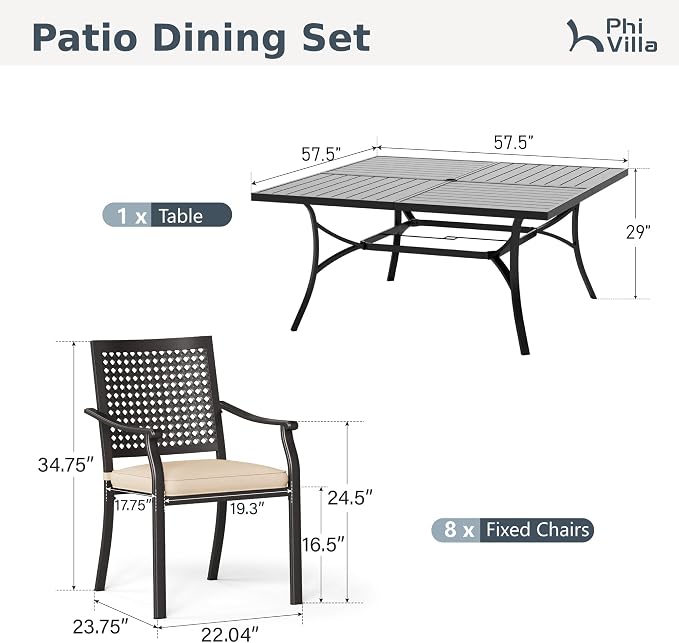 PHI VILLA Outdoor Dining Set for 8, Square Metal Table w/Umbrella Hole | 9 pcs 57.5" black wrought iron furniture set w/ cushions. All weather for patio, deck, yard, porch