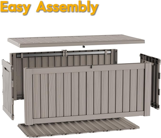 LAUSAINT HOME 240 Gallon Giant Resin Deck Box with Hydraulic Pistons - Waterproof Outdoor Storage Bench for Large Cushions, Lockable Patio Bin for Pool and Backyard (Light Brown)