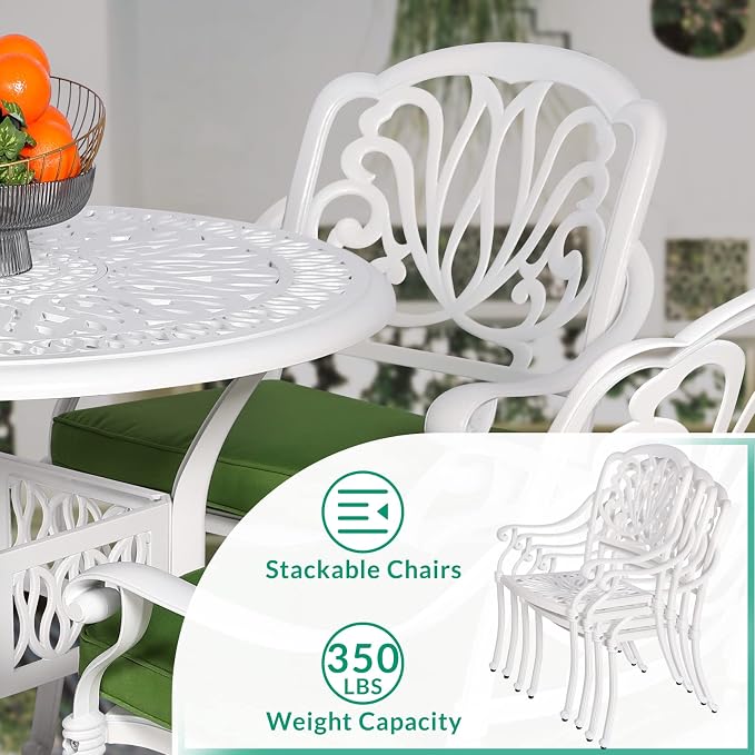 VIVIJASON 5-Piece Patio Furniture Dining Set, All-Weather White Cast Aluminum Outdoor Conversation Set, Include 4 Cushioned Chairs and a 35.4" Round Table w/Umbrella Hole for Balcony Lawn Garden