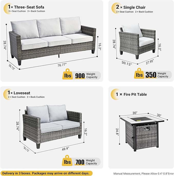 ovios 5 Pieces Patio Furniture Set, Outdoor Wicker Rattan Sofa Couch with 30" Fire Pit Table, Loveseat Chairs, Conversation Sets for Yard Porch Garden, Grey