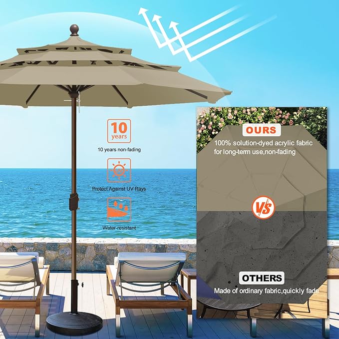 Eurmax USA 10-Year-Non-Fading 10FT 3-Tier Outdoor Patio Market Umbrella,UPF50+ UV Resistant,Heavy Duty Commercial Grade,Crank Lift Design,Windproof Vented Top for Garden,Pool,Deck,Mushroom