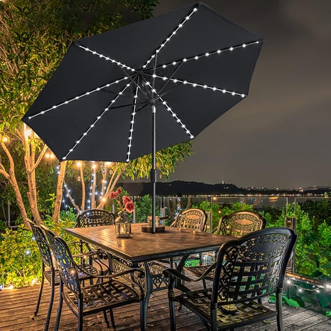 EliteShade USA 10-Year-Non-Fading 9ft Market Patio Umbrella, Commercial Grade Table Sun Umbrella with 80 Solar LED Lights, Crank Open, Windproof & UPF 50+ UV Protection for Garden, Deck, Pool, Backyard, Black
