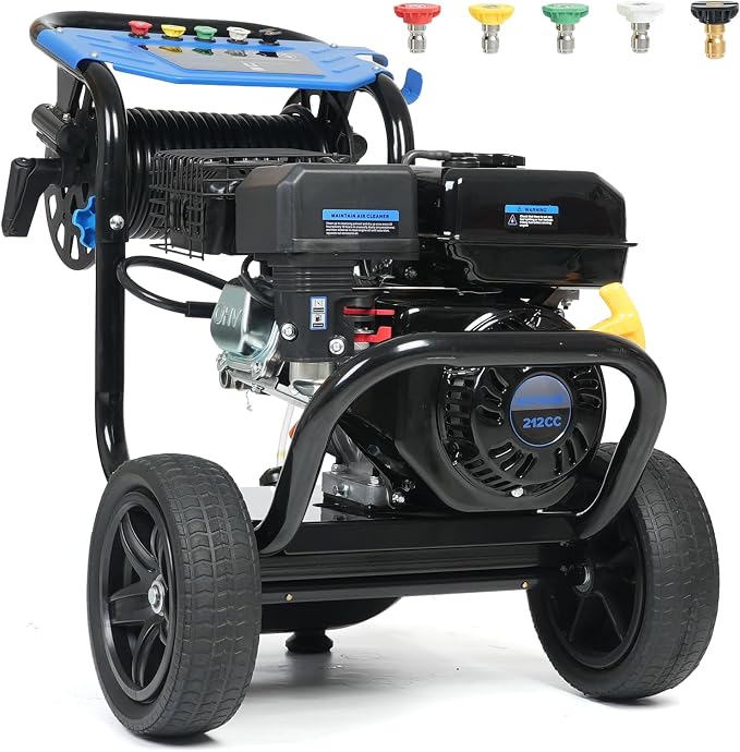 3600PSI Gas Powered Pressure Washer, 212CC/2.3GPM/7HP/4-Stroke Portable Gas Power Washer with 5 Quick Connect Nozzles, 30FT Hose with Reel, Soap Tank, Gas Pressure Washer for Car Driveway Paint Prep