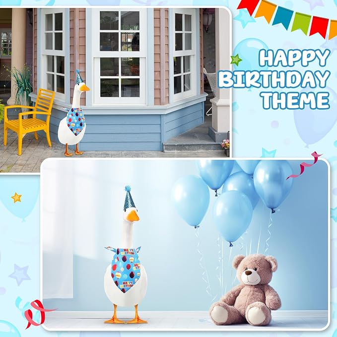 Happy Birthday Goose Outfit with Glitter Hat and Bandana,Blue | for 23" 17" Cement Plastic Porch Goose, Outdoor Statue Patio Yard Lawn Art