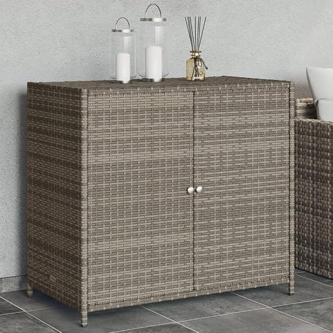 Wicker Outdoor Storage Cabinet with Two Doors, Freestanding Outdoor Patio Storage Unit, Rattan Deck Box, Gray 32.7"x17.7"x29.9" Poly Rattan, -84