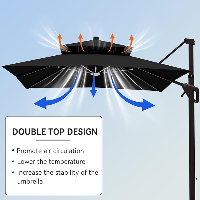 9' X 12' Cantilever Patio Umbrella with Led Lights Double Top Rectangular Outdoor Large Offset Umbrellas with 7 Tilts Adjustable 360°Rotation for Deck Pool Garden Backyard, Black