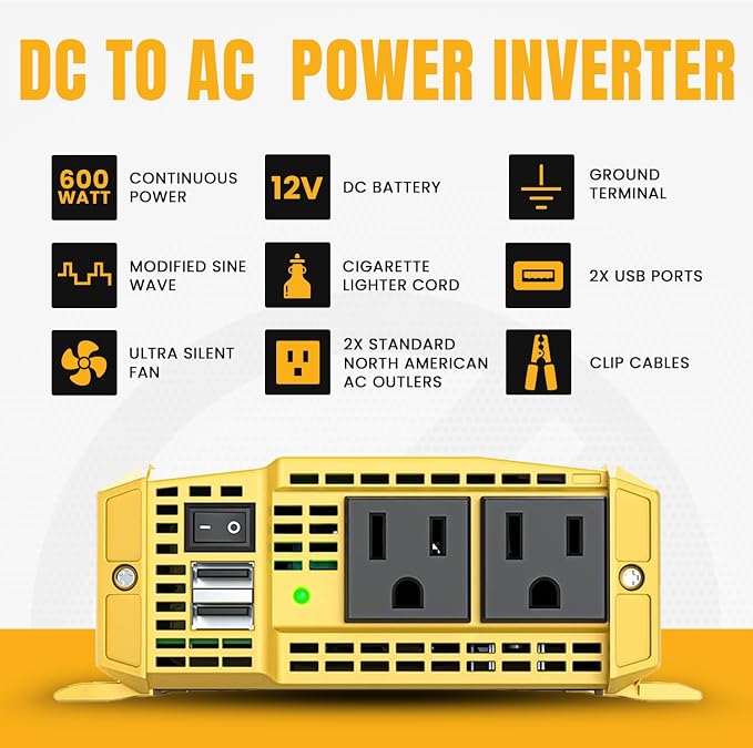 K KRIËGER 600 Watt Power Inverters for Vehicles, 12V to 110V, Car Charger with Plug Outlet, Modified Sine Wave, 2 AC Outlets, USB Ports, Cigarette Lighter & Clamps - ETL Approved Under UL STD 458