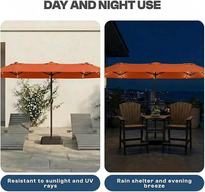15FT Patio Umbrella with Solar Lights, Double-Sided Extra Large Outdoor Table Umbrella with Base Included, Heavy-Duty 12 Iron Ribs Market Umbrella for Garden, Pool, Backyard, Terracotta
