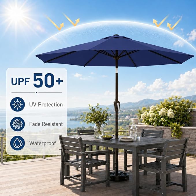 10FT Solar Patio Umbrella with Lights, Outdoor Table Market Umbrella with 32 LED Lights, 8 Sturdy Ribs, Push Button Tilt and Crank for Pool, Deck and Garden, UV-Resistant