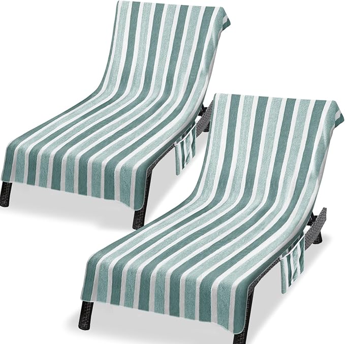 Lounge Chaise Chair Towel Cover,Pack of 2, Ultra Plush & Absorbent Micro Fleece Towel Cover for Pool,Beach,Outdoor(Garden, Courtyard)| Faster Drying, Non-Slip,2 Side Pockets | 85" x 30"-Green