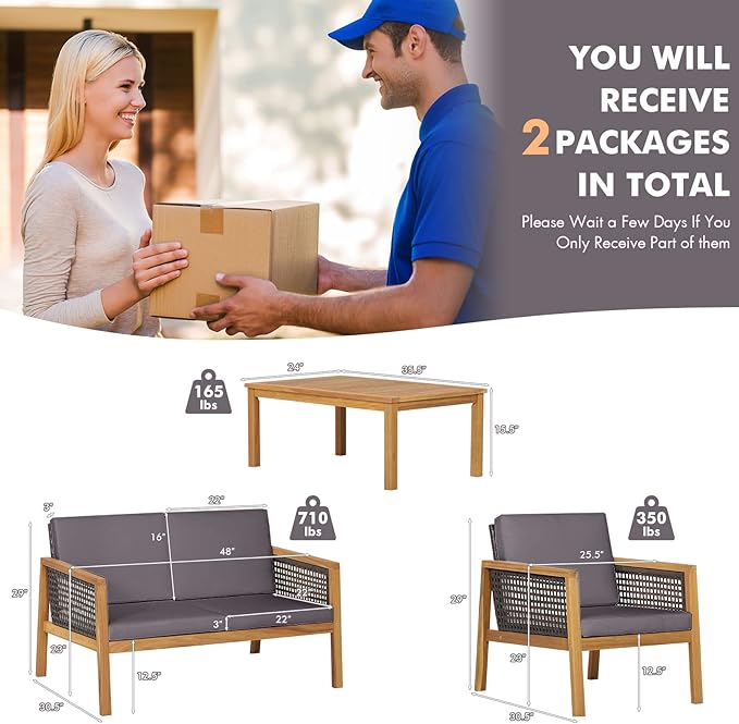HAPPYGRILL 4 Pieces Patio Conversation Set Acacia Wood Furniture Set with Coffee Table, PE Rattan Wicker Sofa Set with Soft Cushions for Outdoor Garden Deck Poolside