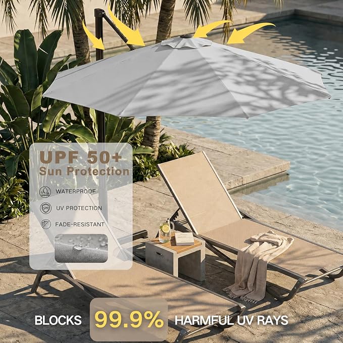 Kingdura 9ft Cantilever Patio Umbrella with Base Included & Solar Lights, Large Round Metal Outdoor Offset Umbrella with 360-degree Rotation, 4 Position Tilt, UV Protection for Pool Deck Patio (Light grey)