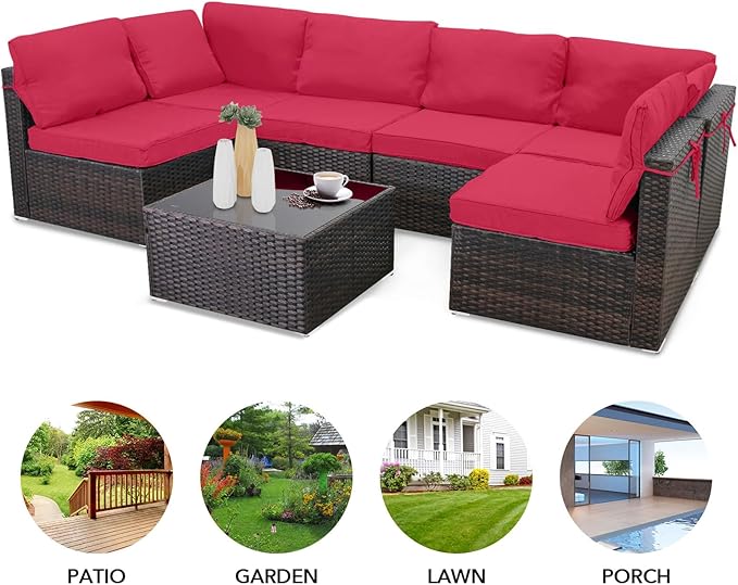 7 Pieces Outdoor Patio Furniture Sets,Rattan Conversation Sectional Set,Manual Weaving Wicker Patio Sofa with Tea Table