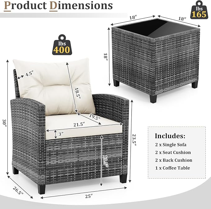 KOTEK 3 Piece Patio Furniture Set, Outdoor PE Rattan Conversation Set with Washable Cushions & Tempered Glass Tabletop, Wicker Chairs and Table Set for Porch, Garden, Balcony (White)
