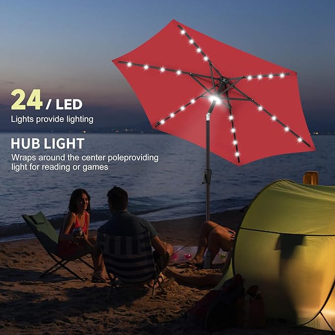 7.5ft Solar Umbrella Outdoor - Lighted Solar Patio Umbrella with 24 LED Lights Waterproof UV Protection, Table Umbrella with Tilt for Pool, Porch, Garden, Deck, Backyard (Red)