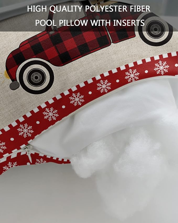 Outdoor Pillows Covers with Inserts Merry Christmas Buffalo Check Plaid Truck Tree Waterproof Pillow with Adjustable Strap Throw Pillows for Patio Furniture Recliner Lounge Chair, 11x16 inch, 1PCS