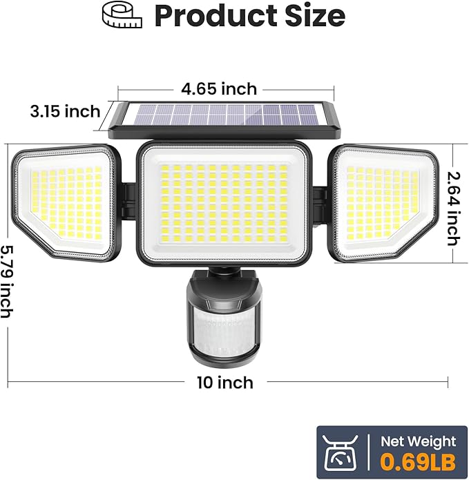 Onforu 4500LM Solar Lights Outdoor, 3 Heads Security Lights with Remote Control, IP65 Waterproof Motion Sensor Lights, 3 Modes Flood Lights for Wall, Porch, Yard, Outside, 2 Pack