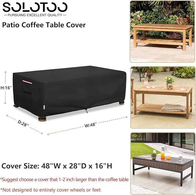 Outdoor Coffee Table Cover Waterproof, Heavy Duty Patio Rectangular Side Table Covers, 48W x 28D x 16H Inches Outdoor Tables Cover (Black)