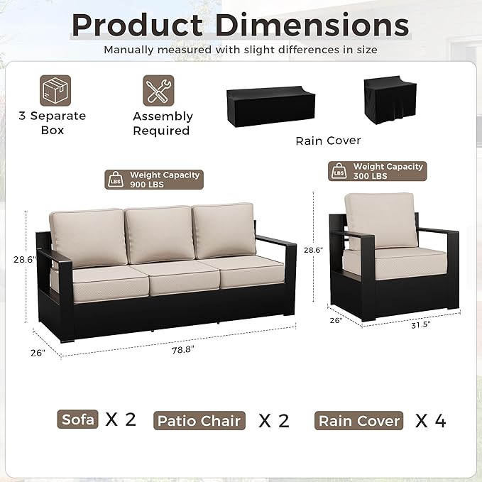 Outdoor Patio Furniture Set, 4-Piece Aluminum Patio Conversation Set All-Weather Metal Outdoor Sectional with 6 Inch Thick Cushions, Deep Setting for Garden, Outside and Porch, Beige
