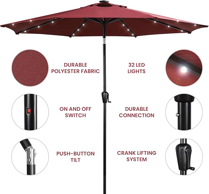 Sun-Ray 9' Round Patio Umbrella with 32 Solar Powered LED Lights, Push-Button Tilt and Hand Crank Lift, Solar Umbrella in Burgundy for Porch, Deck, and Patio