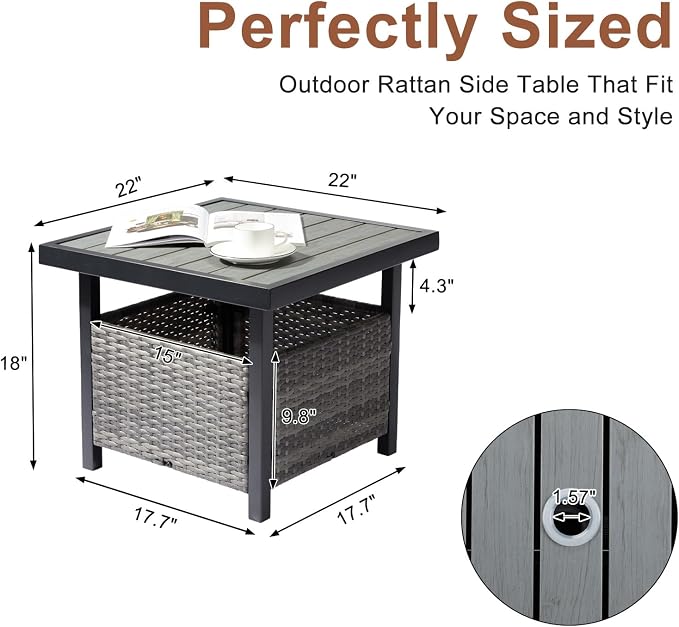 VINGLI Outdoor Side Table with Umbrella Hole Wicker Patio Umbrella Table, Wicker Side Table End Table for Balcony Porch Deck