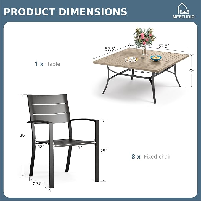 MFSTUDIO Patio Dining Set for 8, Metal Patio Table and Chairs Set, 9 Piece Outdoor Furniture Dining Set for Deck Backyard Garden