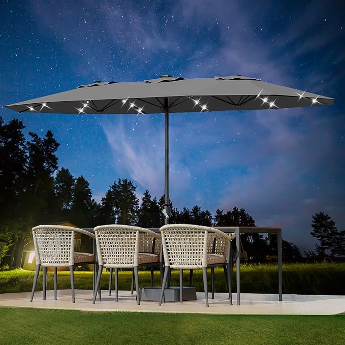 15FT Large Patio Umbrella with Base and Solar Lights, Double-Sided Rectangle Umbrella Oversized Shade for 8-10 People,36 LED Lights and Weighted Base for Pool, Deck, Backyard,Grey