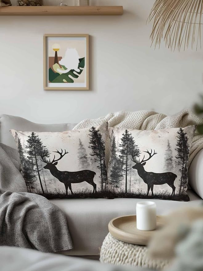 Outdoor Pillows Waterproof, Forest Deer Bedding Throw Pillows with Insert for Couch Sofa Bed, Rustic Country Wildlife Woodland Black Beige 16x16 Inch Pillowcases Camping Patio Pillow Set of 2