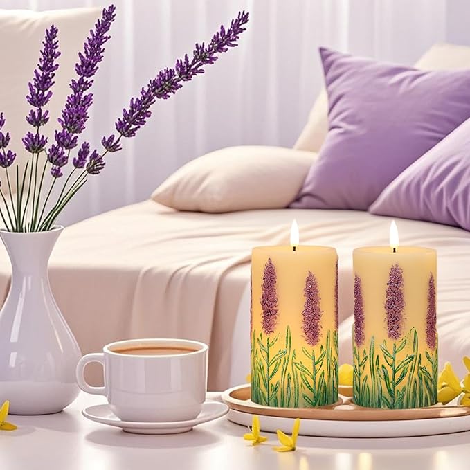 DRomance Lavender Flameless Candles Battery Operated with 6 Hour Timer 3D Wick Flickering LED Pillar Candles Real Wax Hand-Painted Dinner Christmas Holiday Decor(2 Pack, 3" D x 6.5" H)