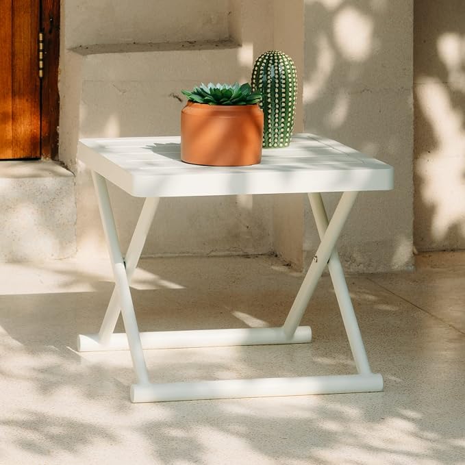 Outdoor Folding Table for Patio Square Side Table for Camping and Picnics Portable Aluminum Tables Foldable Small End Table, Creamy White