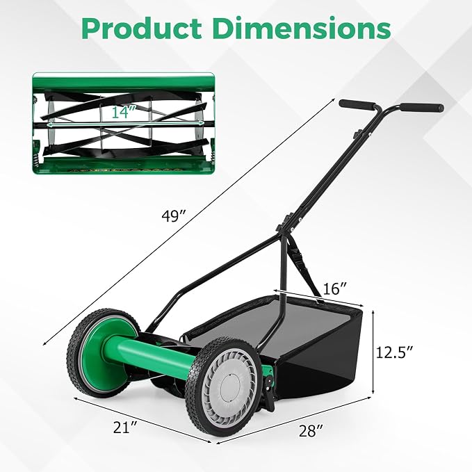 Push Lawn Mower, 14" Manual Rear Mower with 5 Steel Blades, Adjustable Cutting Heights & Grass Catcher Bag, Walk-Behind Grass Cutter Lawn Sweeper for Garden, Park & Yard (Green)