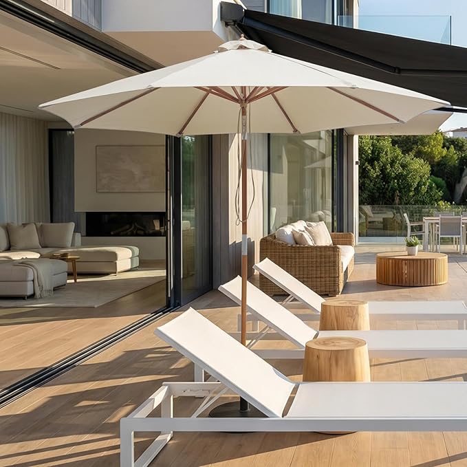 9FT/10FT Bamboo Patio Umbrella, Large Outdoor Umbrella with UPF 50+ Sun Protection, Rope Pulley Lift & Push-Button Tilt, 8-Rib Ventilated Canopy for Garden, Deck, Backyard & Outdoor Dining