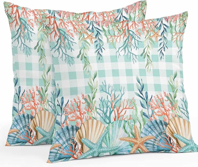 Throw Pillow Covers 20x20 Inch Set of 2, Summer Coastal Waterproof Outdoor Pillow Covers, Watercolor Corals Shells Starfish Green Plaid Decorative Cushion Pillowcases for Couch, Sofa, Bed, Patio