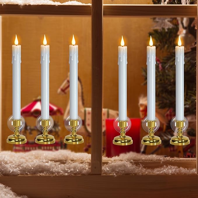 DRomance Christmas Flameless Window Taper Candles Battery Operated with Remote and Timer, 6 Pack White Plastic Dripping LED Flickering Candles with Suction Cups Holiday Indoor Decor(Gold Holders)