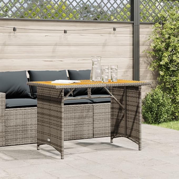 Modern Outdoor Dining Table with Grey PE Rattan Top and Solid Acacia Wood Frame on Powder Coated Steel Base for Patio Garden, 43.3 Inch Long 26.8 Inch Wide