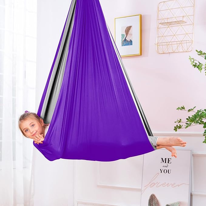 Therapy Swing Hammock Kids Cuddle Sensory Swing Indoor Therapeutic Hammock 360° Rotating Double Layer Elastic Rocking Cloth Swing Gifts for Children with ADHD SPD Asperger Autism (Purple+Grey)