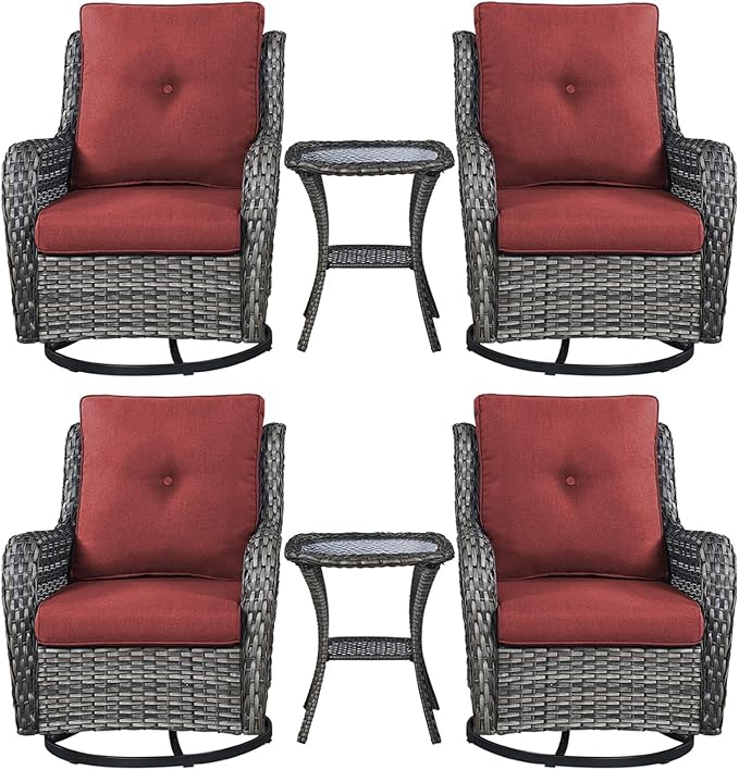 Rilyson Wicker Rocking Chair Swivel Chairs – 6 Piece Rocker Patio Furniture Set Rattan Rocking Bistro Sets with Glass Top Side Table for Outdoor Porch Deck Garden Backyard(Mixed Grey/Red)