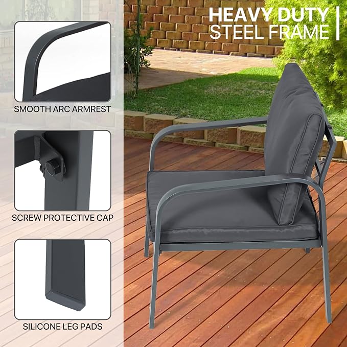 MoNiBloom 4 Pieces Outdoor Patio Furniture, All Weather Conversation Set with Tempered Glass Coffee Table for Garden Backyard Porch Balcony Poolside Deck Lawn, Loveseat Couch and Chairs with Cushions