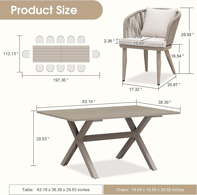 PURPLE LEAF 14 Pieces Patio Dining Set Wicker Outdoor Furniture Rectangular Table and Chairs Set for Garden Deck Aluminum Frame Backyard Kitchen Set, Cushions and Pillows Included Champagne